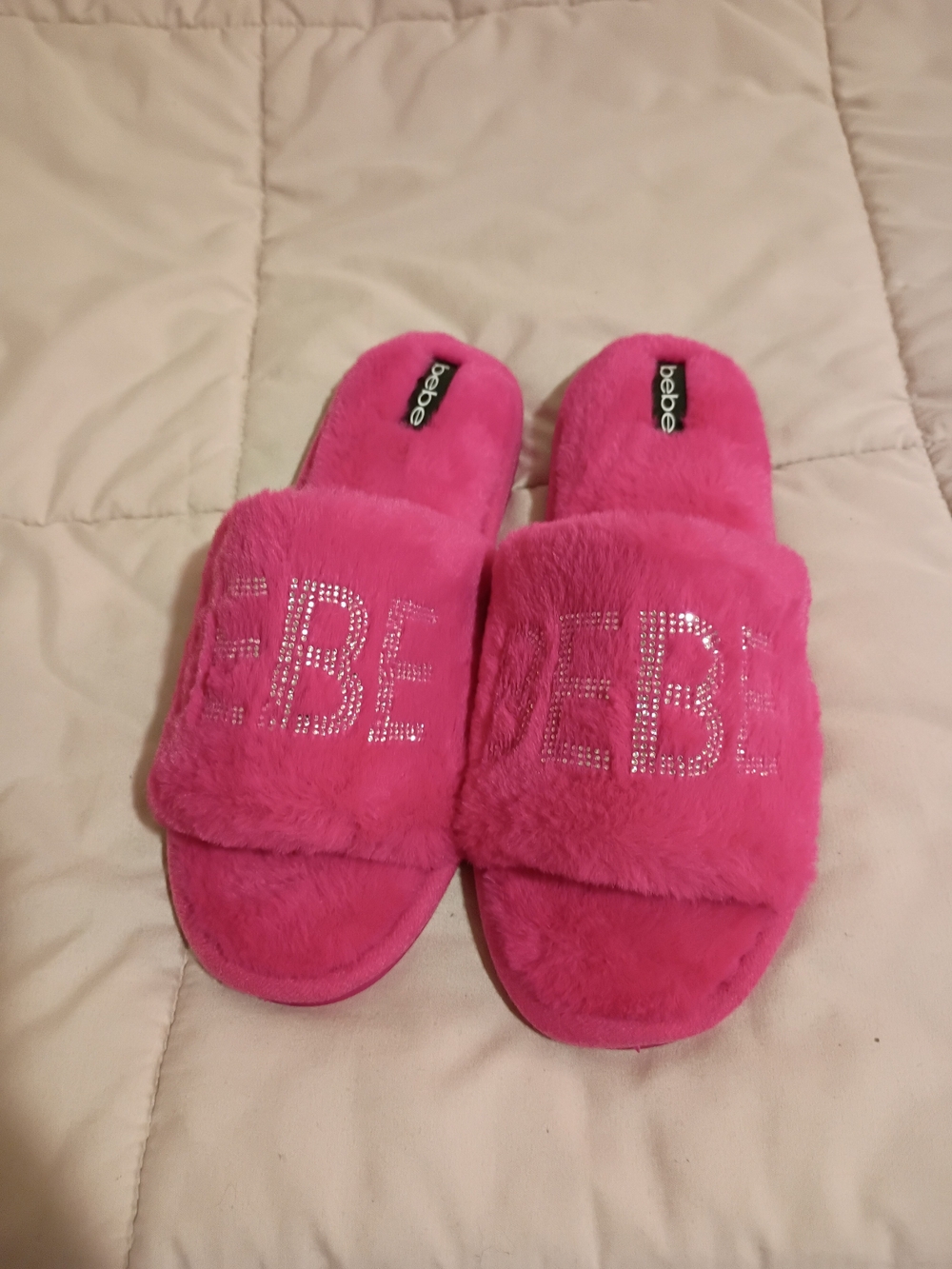 bebe Faux Fur Rhinestone Slide Slippers Pink Like New